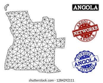 Black mesh vector map of Angola isolated on a white background and scratched stamp seals for networks. Abstract lines, dots and triangles forms map of Angola.