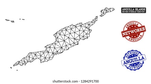Black mesh vector map of Anguilla Islands isolated on a white background and scratched watermarks for networks. Abstract lines, dots and triangles forms map of Anguilla Islands.