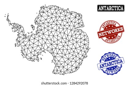 Black mesh vector map of Antarctica isolated on a white background and scratched watermarks for networks. Abstract lines, dots and triangles forms map of Antarctica.