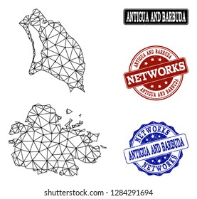 Black mesh vector map of Antigua and Barbuda isolated on a white background and grunge watermarks for networks. Abstract lines, dots and triangles forms map of Antigua and Barbuda.