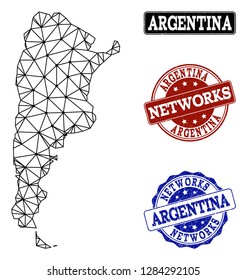 Black mesh vector map of Argentina isolated on a white background and grunge watermarks for networks. Abstract lines, dots and triangles forms map of Argentina.