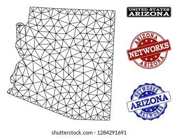 Black mesh vector map of Arizona State isolated on a white background and rubber watermarks for networks. Abstract lines, dots and triangles forms map of Arizona State.