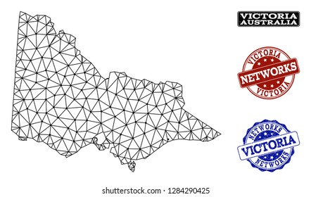 Black mesh vector map of Australian Victoria isolated on a white background and grunge stamp seals for networks. Abstract lines, dots and triangles forms map of Australian Victoria.