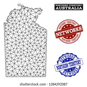 Black mesh vector map of Australian Northern Territory isolated on a white background and rubber stamp seals for networks. Abstract lines,