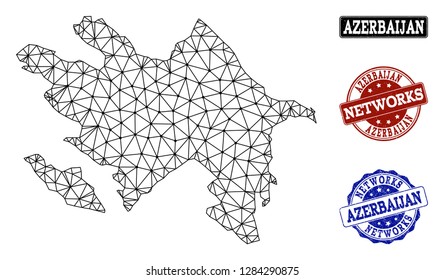 Black mesh vector map of Azerbaijan isolated on a white background and scratched watermarks for networks. Abstract lines, dots and triangles forms map of Azerbaijan.
