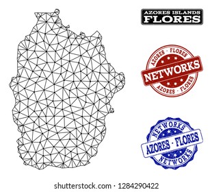 Black mesh vector map of Azores - Flores Island isolated on a white background and grunge watermarks for networks. Abstract lines, dots and triangles forms map of Azores - Flores Island.