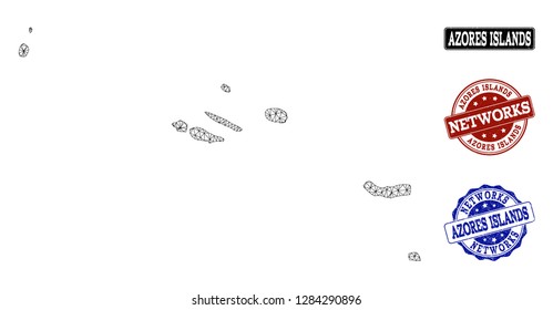 Black mesh vector map of Azores Islands isolated on a white background and scratched stamp seals for networks. Abstract lines, dots and triangles forms map of Azores Islands.