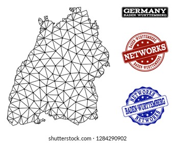 Black mesh vector map of Baden-Wurttemberg State isolated on a white background and scratched stamp seals for networks. Abstract lines, dots and triangles forms map of Baden-Wurttemberg State.