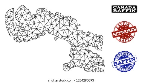 Black mesh vector map of Baffin Island isolated on a white background and grunge watermarks for networks. Abstract lines, dots and triangles forms map of Baffin Island.