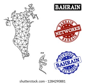Black mesh vector map of Bahrain isolated on a white background and rubber watermarks for networks. Abstract lines, dots and triangles forms map of Bahrain.