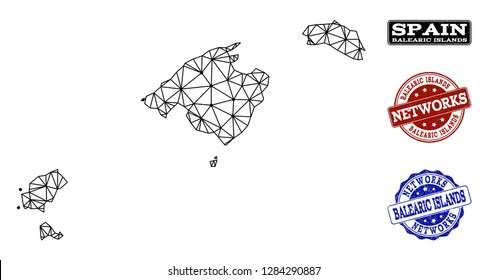 Black mesh vector map of Balearic Islands isolated on a white background and rubber watermarks for networks. Abstract lines, dots and triangles forms map of Balearic Islands.