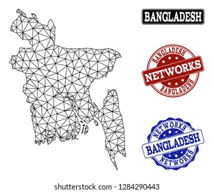 Black mesh vector map of Bangladesh isolated on a white background and scratched watermarks for networks. Abstract lines, dots and triangles forms map of Bangladesh.