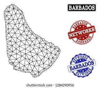 Black mesh vector map of Barbados isolated on a white background and rubber stamp seals for networks. Abstract lines, dots and triangles forms map of Barbados.
