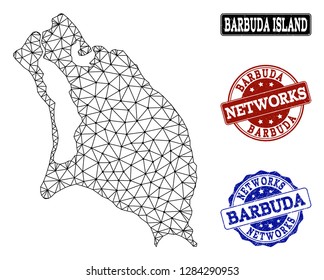 Black mesh vector map of Barbuda Island isolated on a white background and rubber watermarks for networks. Abstract lines, dots and triangles forms map of Barbuda Island.