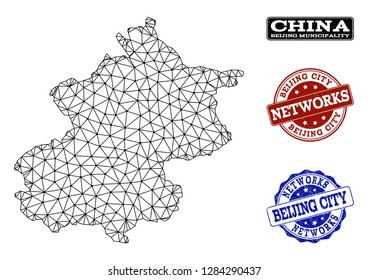 Black mesh vector map of Beijing Municipality isolated on a white background and scratched stamp seals for networks. Abstract lines, dots and triangles forms map of Beijing Municipality.