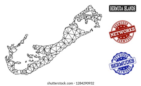 Black mesh vector map of Bermuda Islands isolated on a white background and grunge stamp seals for networks. Abstract lines, dots and triangles forms map of Bermuda Islands.