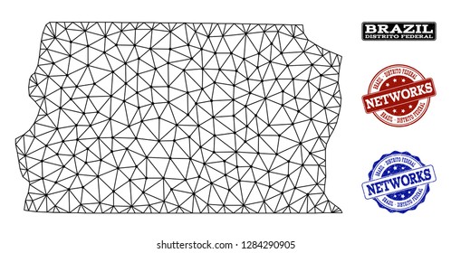 Black mesh vector map of Brazil - Distrito Federal isolated on a white background and grunge stamp seals for networks. Abstract lines, dots and triangles forms map of Brazil - Distrito Federal.