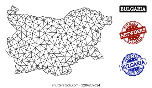 Black mesh vector map of Bulgaria isolated on a white background and rubber watermarks for networks. Abstract lines, dots and triangles forms map of Bulgaria.