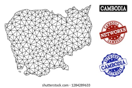 Black mesh vector map of Cambodia isolated on a white background and grunge stamp seals for networks. Abstract lines, dots and triangles forms map of Cambodia.