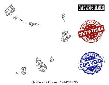 Black mesh vector map of Cape Verde Islands isolated on a white background and grunge stamp seals for networks. Abstract lines, dots and triangles forms map of Cape Verde Islands.