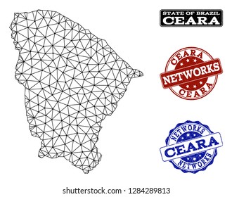 Black mesh vector map of Ceara state isolated on a white background and scratched watermarks for networks. Abstract lines, dots and triangles forms map of Ceara state.