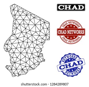 Black mesh vector map of Chad isolated on a white background and scratched watermarks for networks. Abstract lines, dots and triangles forms map of Chad.