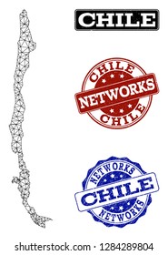 Black mesh vector map of Chile isolated on a white background and grunge stamp seals for networks. Abstract lines, dots and triangles forms map of Chile.