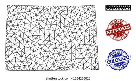Black mesh vector map of Colorado State isolated on a white background and grunge stamp seals for networks. Abstract lines, dots and triangles forms map of Colorado State.