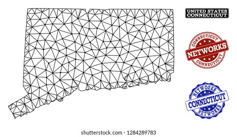 Black mesh vector map of Connecticut State isolated on a white background and scratched watermarks for networks. Abstract lines, dots and triangles forms map of Connecticut State.