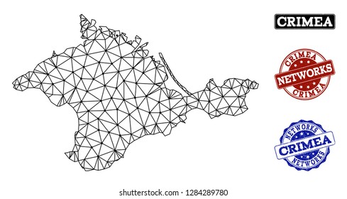 Black mesh vector map of Crimea isolated on a white background and scratched watermarks for networks. Abstract lines, dots and triangles forms map of Crimea.