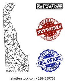Black mesh vector map of Delaware State isolated on a white background and scratched watermarks for networks. Abstract lines, dots and triangles forms map of Delaware State.
