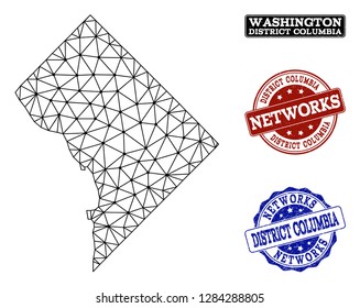 Black mesh vector map of District Columbia isolated on a white background and scratched stamp seals for networks. Abstract lines, dots and triangles forms map of District Columbia.