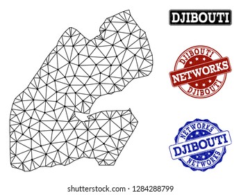 Black mesh vector map of Djibouti isolated on a white background and rubber watermarks for networks. Abstract lines, dots and triangles forms map of Djibouti.