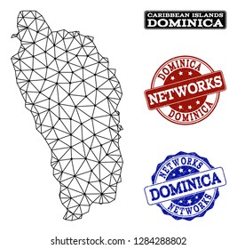 Black mesh vector map of Dominica Island isolated on a white background and rubber stamp seals for networks. Abstract lines, dots and triangles forms map of Dominica Island.