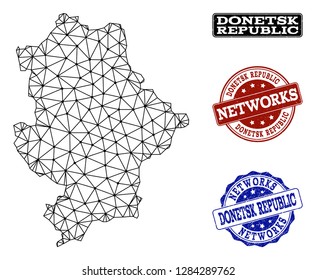 Black mesh vector map of Donetsk Republic isolated on a white background and grunge stamp seals for networks. Abstract lines, dots and triangles forms map of Donetsk Republic.