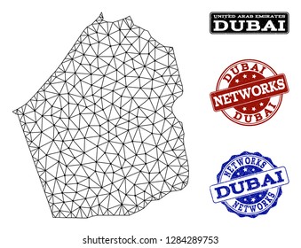 Black mesh vector map of Dubai Emirate isolated on a white background and rubber watermarks for networks. Abstract lines, dots and triangles forms map of Dubai Emirate.