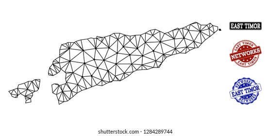 Black mesh vector map of East Timor isolated on a white background and scratched stamp seals for networks. Abstract lines, dots and triangles forms map of East Timor.