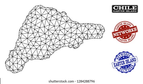 Black mesh vector map of Easter Island isolated on a white background and grunge watermarks for networks. Abstract lines, dots and triangles forms map of Easter Island.