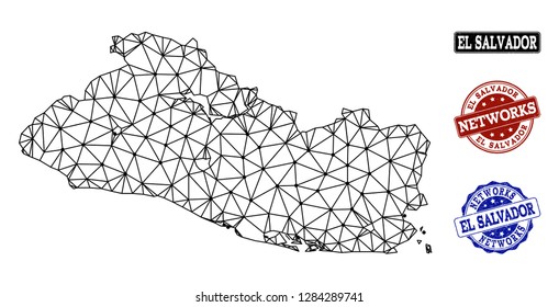 Black mesh vector map of El Salvador isolated on a white background and scratched stamp seals for networks. Abstract lines, dots and triangles forms map of El Salvador.