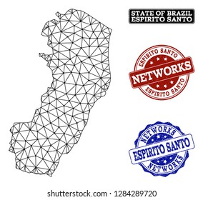 Black mesh vector map of Espirito Santo State isolated on a white background and rubber stamp seals for networks. Abstract lines, dots and triangles forms map of Espirito Santo State.