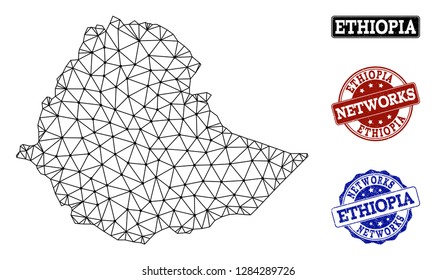 Black mesh vector map of Ethiopia isolated on a white background and rubber stamp seals for networks. Abstract lines, dots and triangles forms map of Ethiopia.
