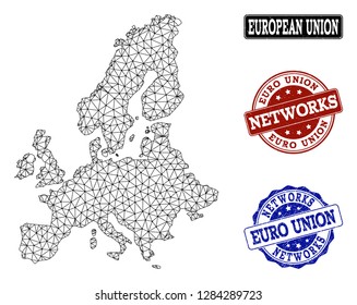 Black mesh vector map of Euro Union isolated on a white background and rubber stamp seals for networks. Abstract lines, dots and triangles forms map of Euro Union.
