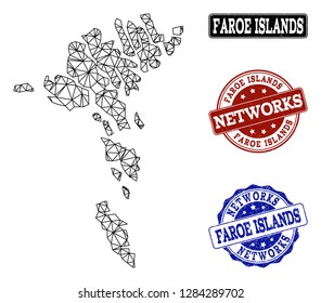 Black mesh vector map of Faroe Islands isolated on a white background and rubber stamp seals for networks. Abstract lines, dots and triangles forms map of Faroe Islands.