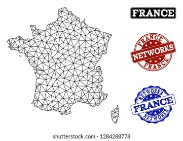 Black mesh vector map of France isolated on a white background and scratched stamp seals for networks. Abstract lines, dots and triangles forms map of France.