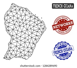 Black mesh vector map of French Guiana isolated on a white background and grunge stamp seals for networks. Abstract lines, dots and triangles forms map of French Guiana.