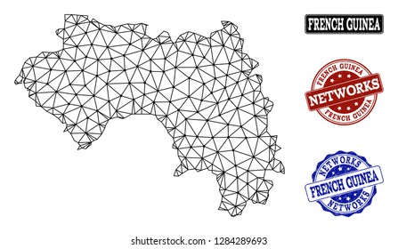 Black mesh vector map of French Guinea isolated on a white background and grunge stamp seals for networks. Abstract lines, dots and triangles forms map of French Guinea.