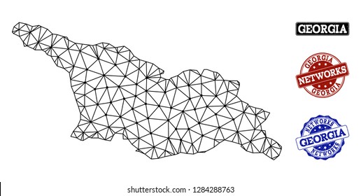 Black mesh vector map of Georgia isolated on a white background and rubber watermarks for networks. Abstract lines, dots and triangles forms map of Georgia.