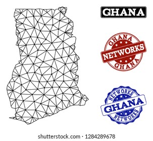 Black mesh vector map of Ghana isolated on a white background and grunge stamp seals for networks. Abstract lines, dots and triangles forms map of Ghana.