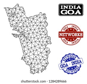 Black mesh vector map of Goa State isolated on a white background and grunge watermarks for networks. Abstract lines, dots and triangles forms map of Goa State.