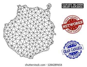 Black mesh vector map of Gran Canaria isolated on a white background and rubber watermarks for networks. Abstract lines, dots and triangles forms map of Gran Canaria.